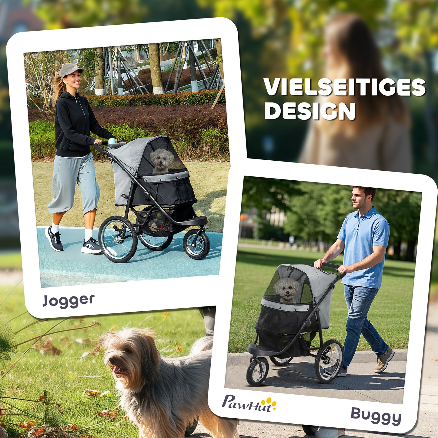 PawHut Hundebuggy, Haustierwagen für kleine Hunde und Katzen, mit Aufbewahrungskorb, Ein-Klick-Faltdesign, Grau