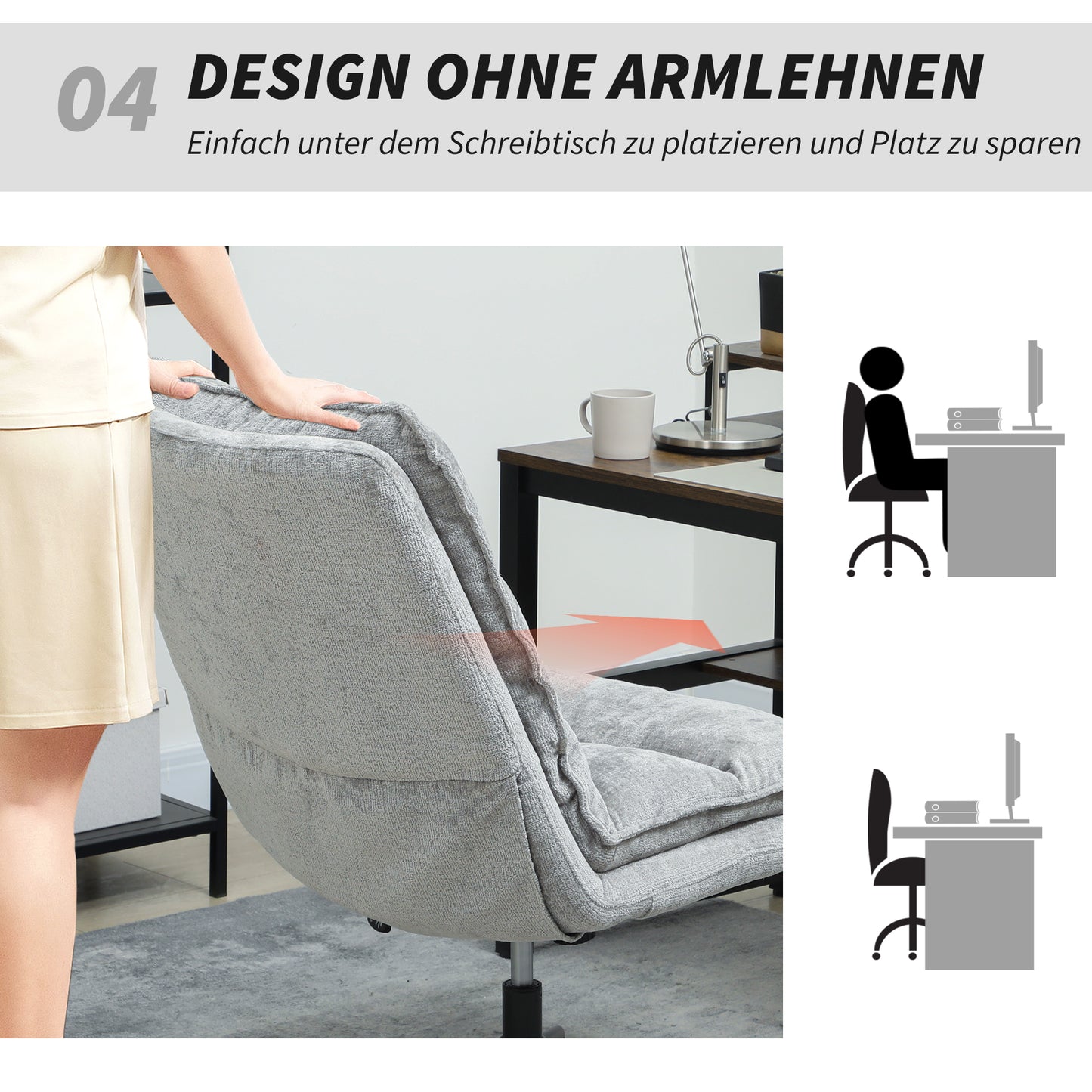 HOMCOM Armloser Polsterstuhl, drehbarer gepolsterter Bürostuhl mit weichem Stoffbezug, höhenverstellbar, Stahlbeine, Grau