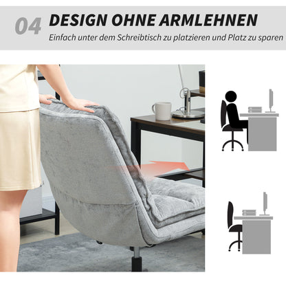 HOMCOM Armloser Polsterstuhl, drehbarer gepolsterter Bürostuhl mit weichem Stoffbezug, höhenverstellbar, Stahlbeine, Grau