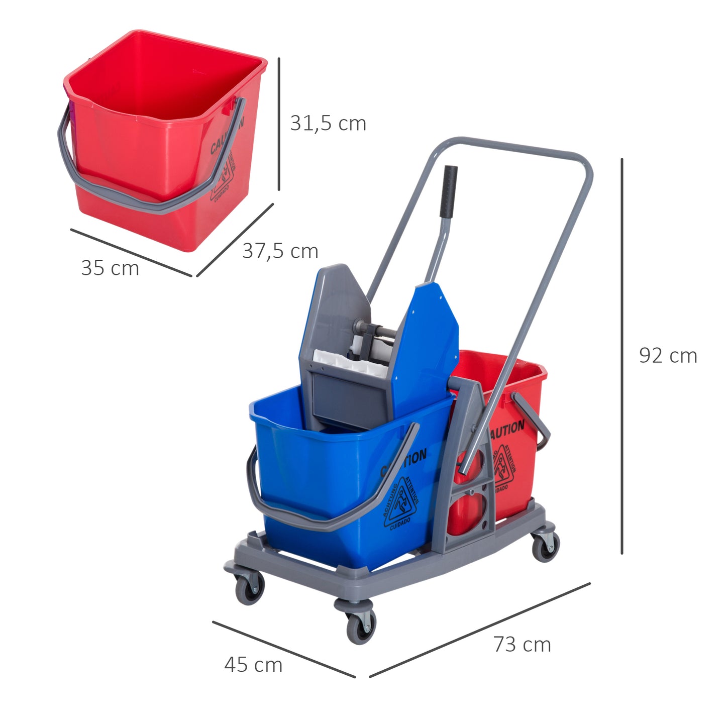 HOMCOM Putzwagen Reinigungswagen Wischwagen mit 2 Eimern Systemwagen mit 4 leichtgängigen Rollen Metall+PP Blau+Rot 73 × 45 × 92 cm
