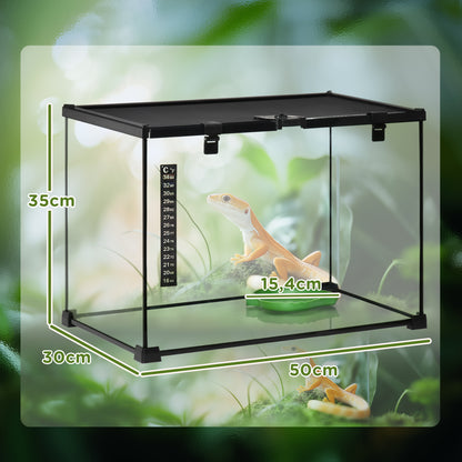 PawHut Terrarium für Reptilien Reptile Fütterungsbox Glasterrarium Amphibien Spinnentiere mit Termometer Reptiliensuchtbox Metall Schwarz 50 x 30 x 35 cm