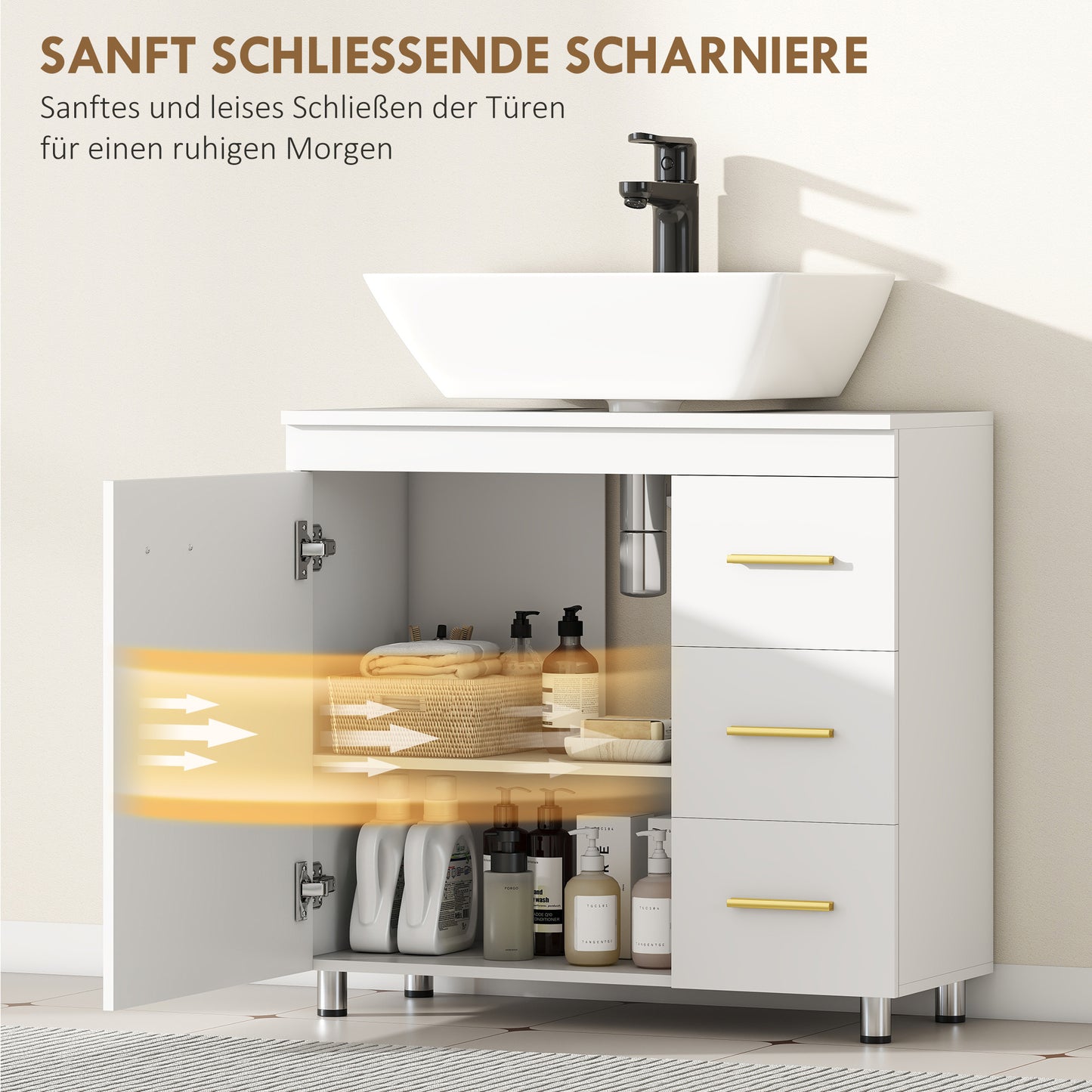 HOMCOM Badezimmer-Unterschrank, 3-stufiges Design, MDF, Spanplatte, Weiß