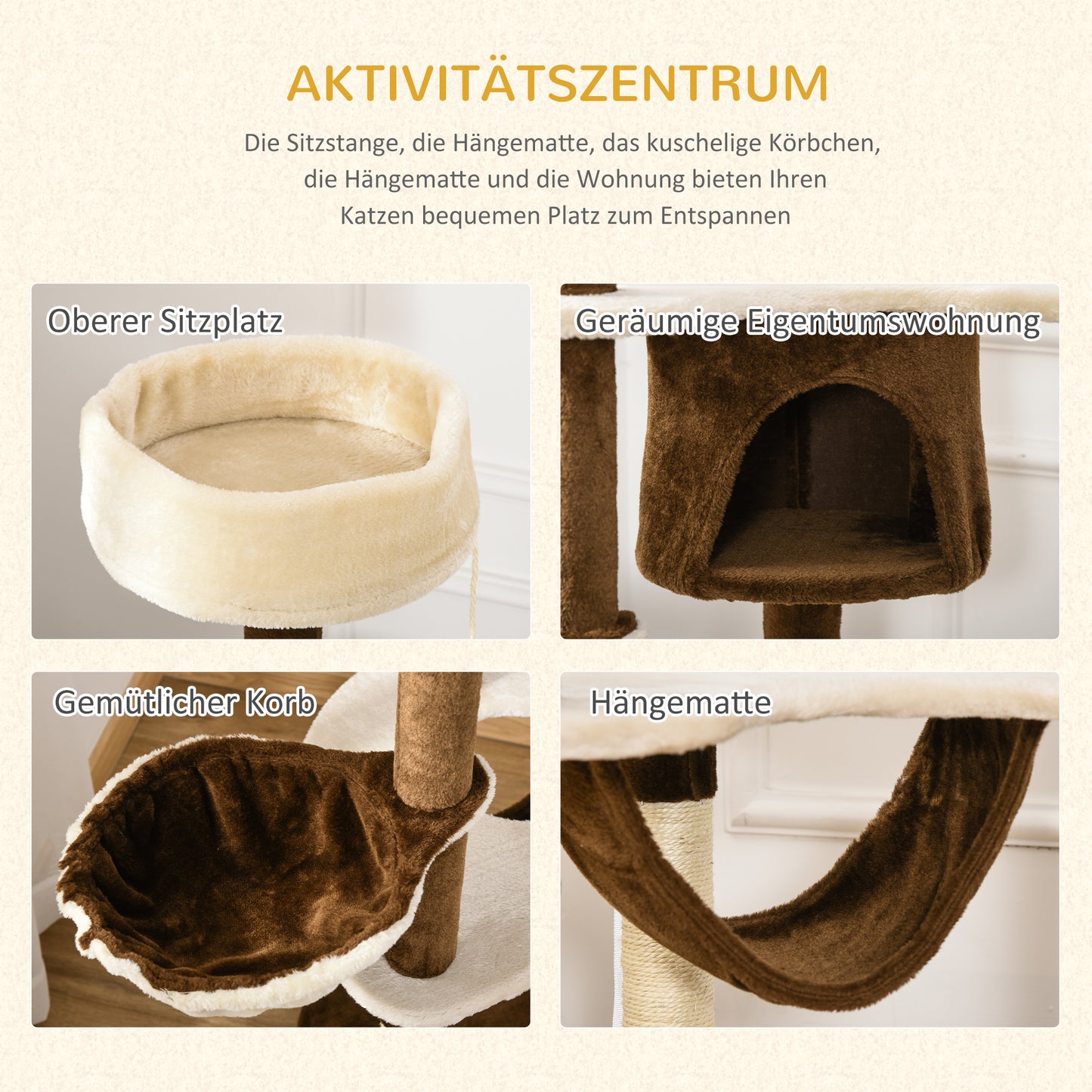 PawHut Kratzbaum mit Katzenhöhle Hängematte XXL Katzenbaum Kletterbaum Kletterbaum für Katzen Mehrstufiges Multiaktivitätszentrum Plüsch Braun 65 x 50 x 153 cm