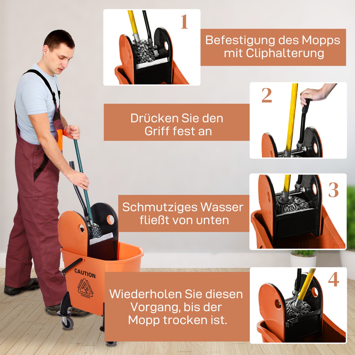 HOMCOM Rollbarer Reinigungseimer, Moppeimer, Mopp-Presse, 26 L, Kunststoff, Orange