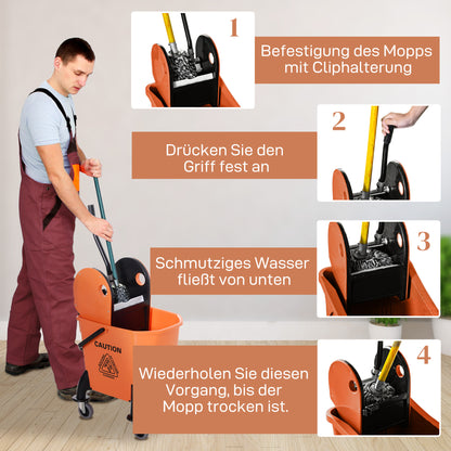 HOMCOM Rollbarer Reinigungseimer, Moppeimer, Mopp-Presse, 26 L, Kunststoff, Orange