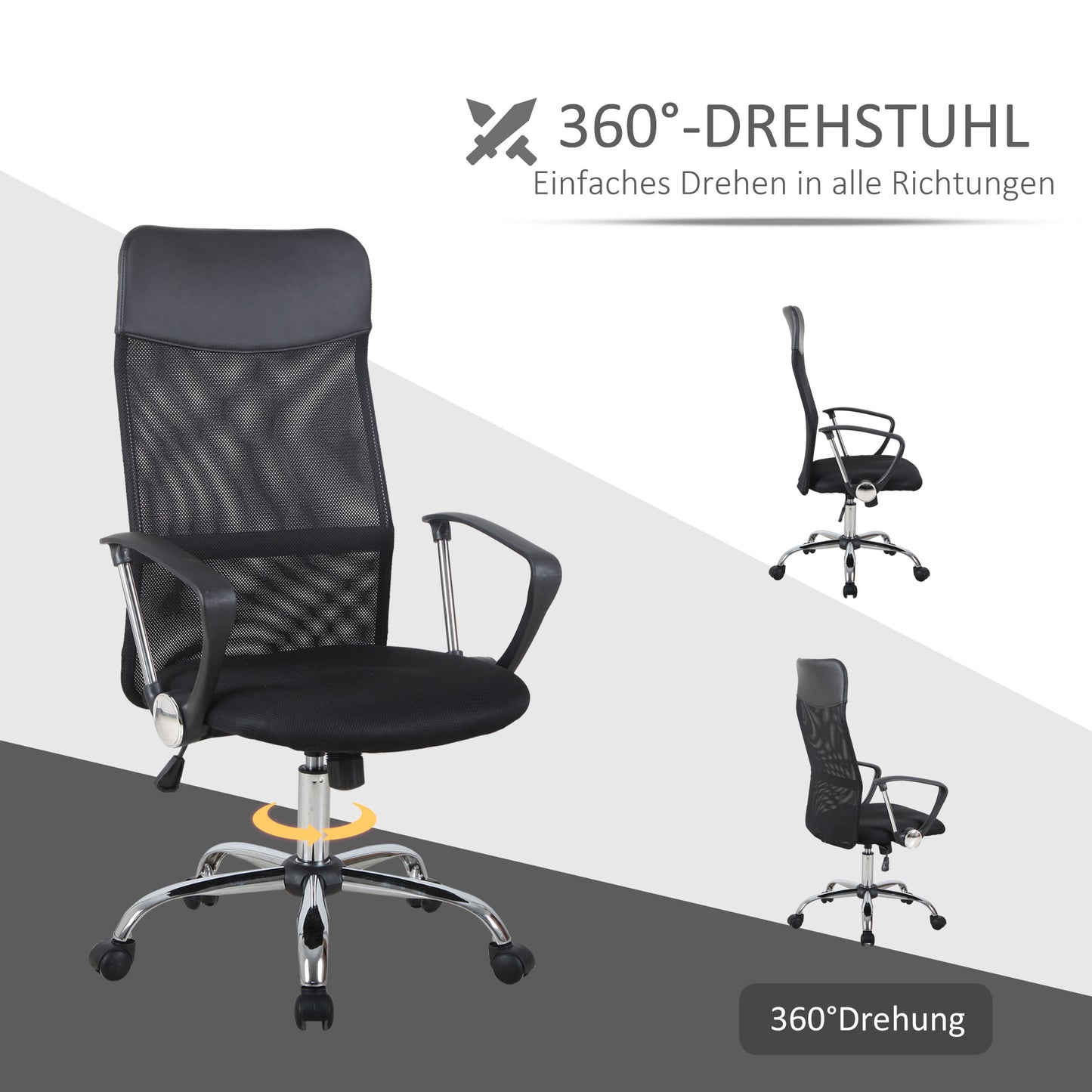 HOMCOM Ergonomischer Bürostuhl, Gaming Stuhl, Drehstuhl mit Wippenfunktion, höhenverstellbarer Schreibtischstuhl, Schaumstoff, Netz, Schwarz, 63 x 65 x 109-119 cm