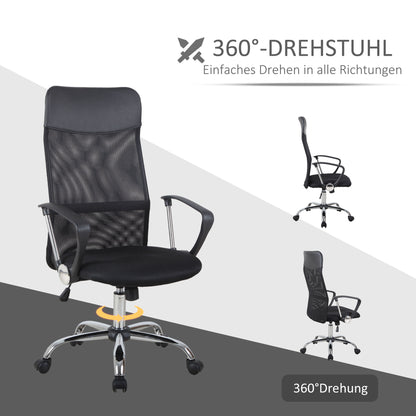 HOMCOM Ergonomischer Bürostuhl, Gaming Stuhl, Drehstuhl mit Wippenfunktion, höhenverstellbarer Schreibtischstuhl, Schaumstoff, Netz, Schwarz, 63 x 65 x 109-119 cm