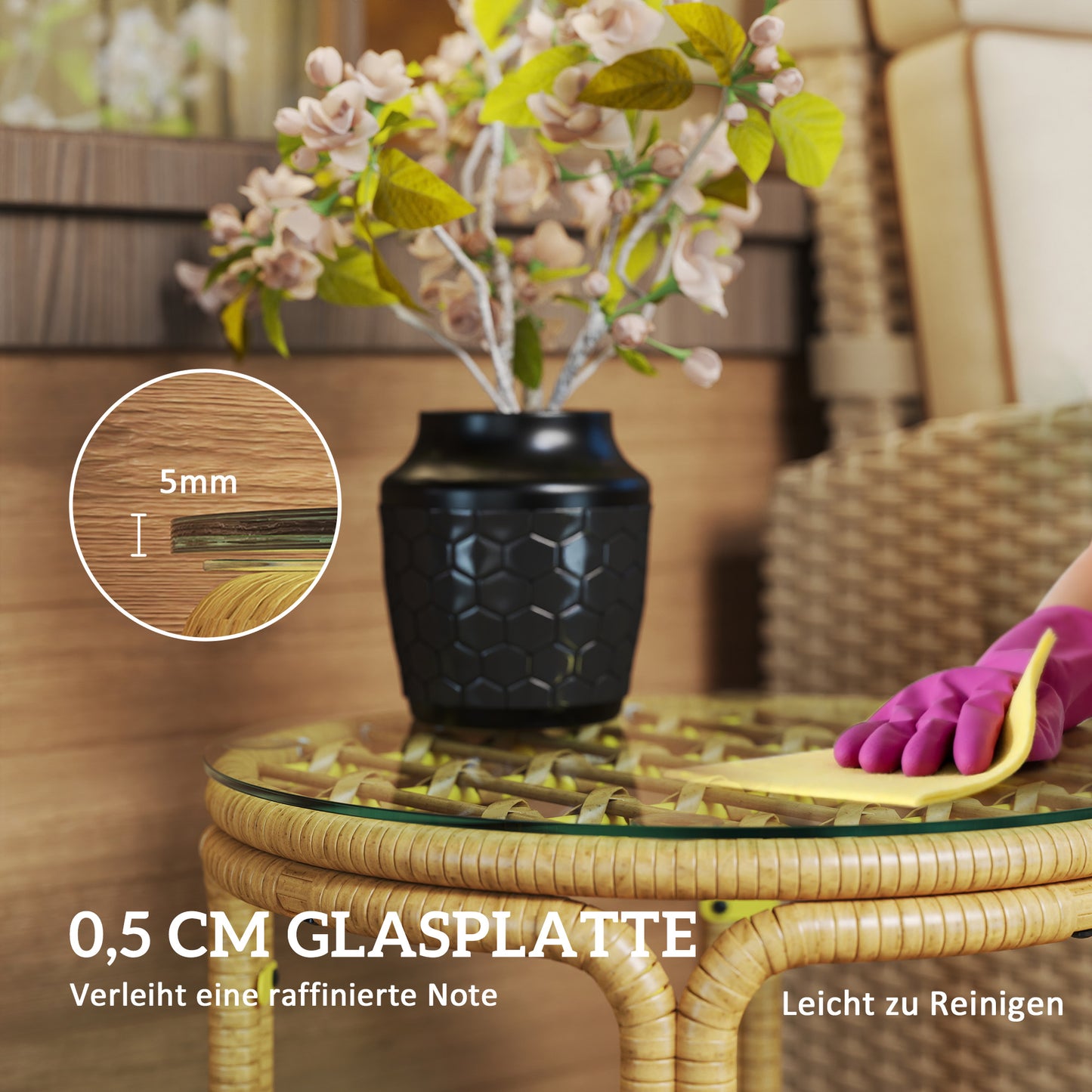 Outsunny Beistelltisch aus Polyrattan runder Couchtisch mit Glas Tischplatte Nachttisch Ø50 cm Gelb