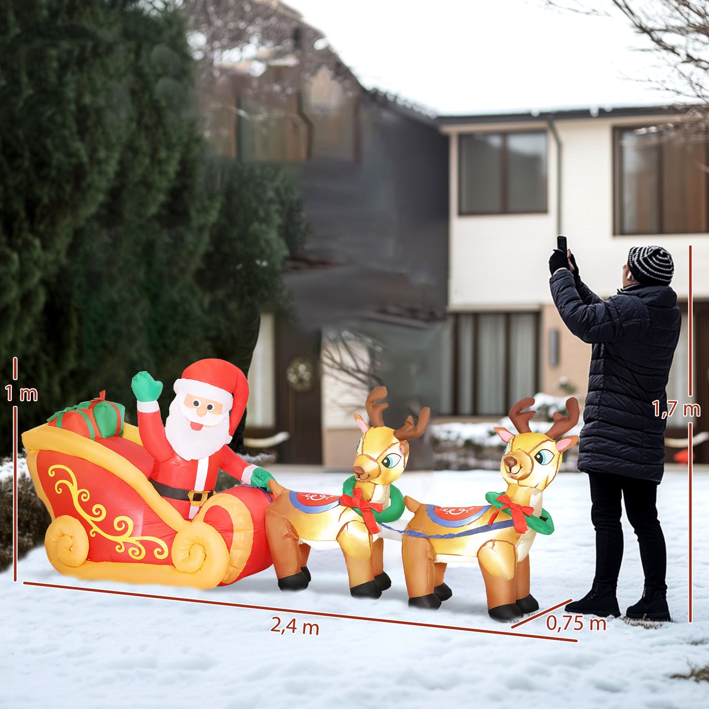 Outsunny Aufblasbare Weihnachtsdekoration, Weihnachtsmann im Rentierschlitten, Polyester