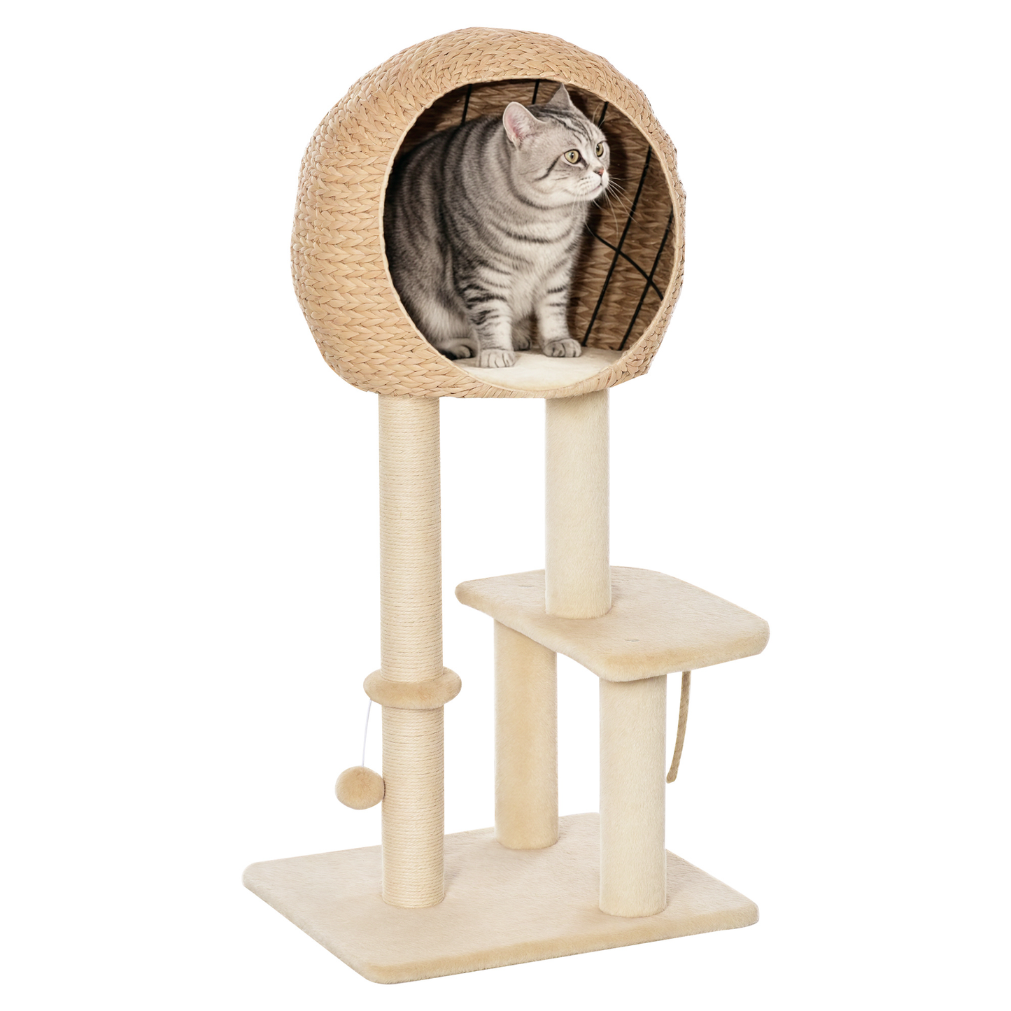 PawHut Kratzbaum 100 cm Katzenturm mit Höhle, Spielball, Sisalstämme, Plattform, mehrstöckiger Katzenkratzbaum, Kletterbaum, für mittelgroße Katzen, Beige