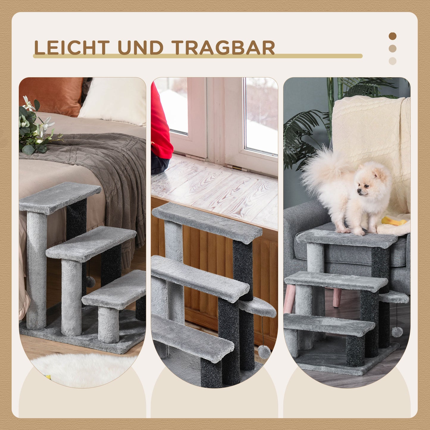 PawHut Katzentreppe 3-stufige Haustiertreppe mit Kratzsäulen Ball Hundetreppe Tiertreppe für Katzen bis 5 kg Plüsch Jute Grau 45 x 40 x 48 cm
