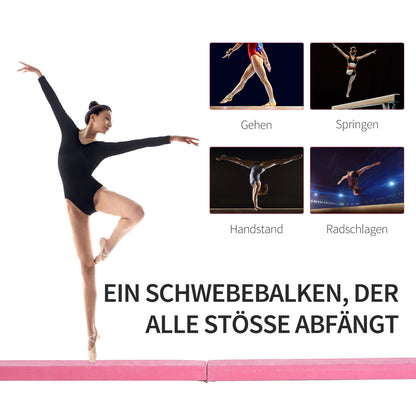 HOMCOM Faltbarer Schwebebalken, rutschfest, Wildlederbezug, robustes Holz, 210 x 10 x 6,5 cm, Rosa