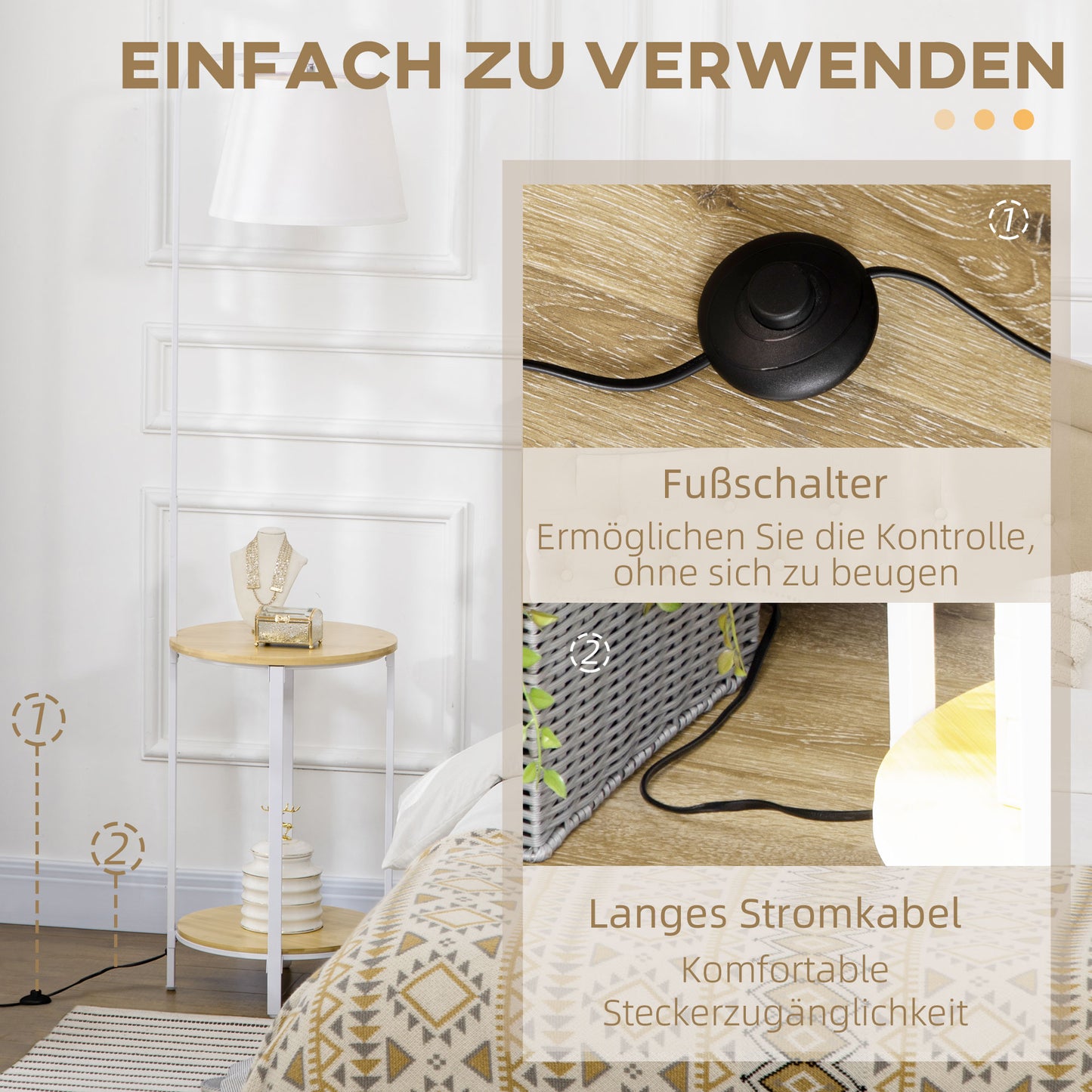 HOMCOM Stehleuchte mit 2 Regalen, Standleuchte, Fußschalter, 40 W. E 27, Natur + Weiß