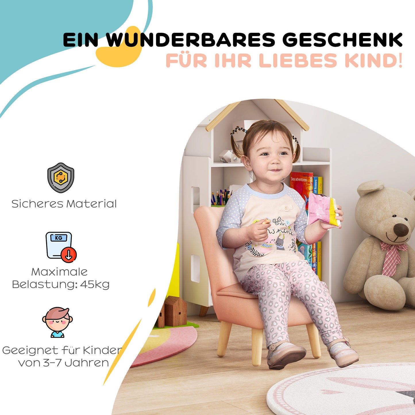 AIYAPLAY Kindersessel, Samtoptik, für 3-7 Jahre, bis 45 kg, Holzgestell, 44x45x56,5cm, Pink