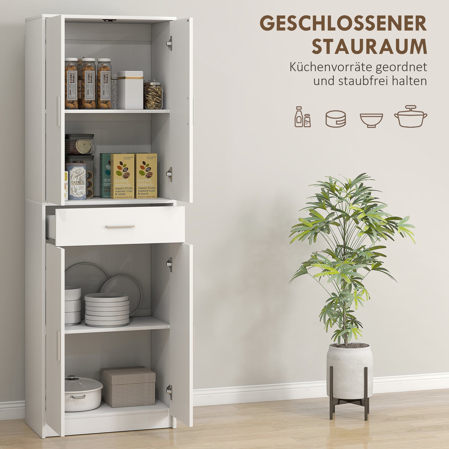 HOMCOM Küchenschrank, 3-stufig verstellbare Regale, Spanplatten, MDF, viel Stauraum, Weiß