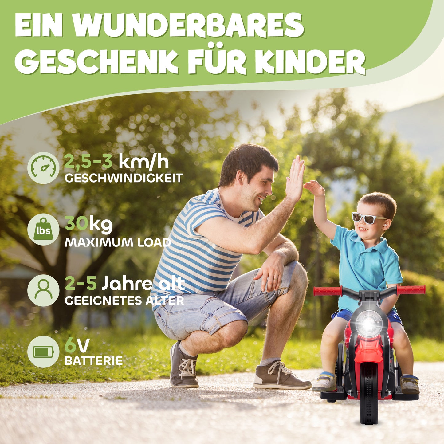 AIYAPLAY Kinder Elektro-Motorrad, 6V Kindermotorrad mit Musik, Blasen 2,5-3 km/h, für 2-5 Jahre Kinder