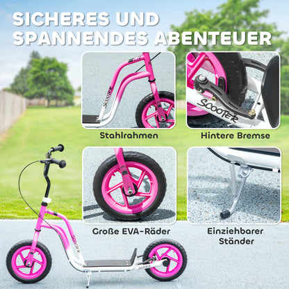 AIYAPLAY Kinderroller mit verstellbarem Lenker, große Räder, Parkständer, Handbremse, für Kinder im Alter von 5-12 Jahren, Rosa