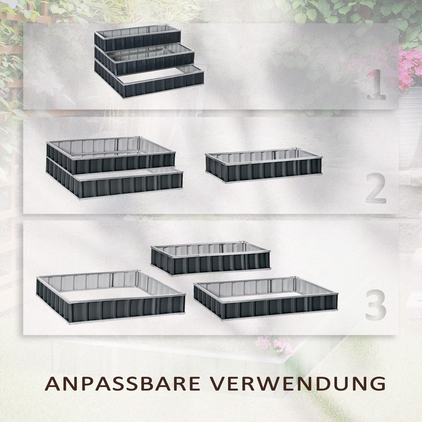 Outsunny Hochbeet aus Stahl 3-stufige Gartenbeet mit T-Form-Pflanzenschilder Handschuhe Pflanzenbeet Kräuterbeet Blumentreppe für Balkon Garten Dunkelgrau 118 x 118 x 62 cm
