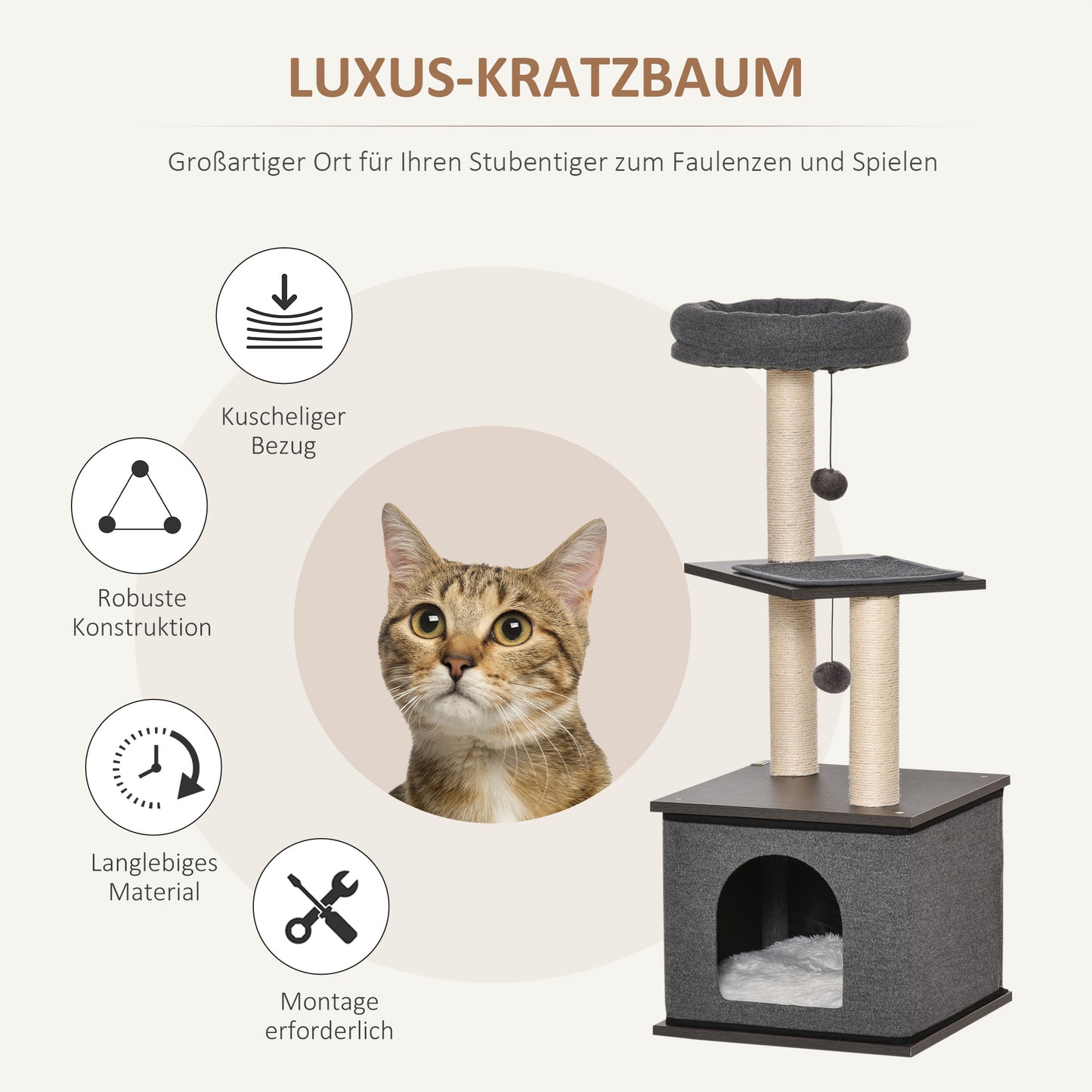 PawHut Katzenkratzbaum Katzenspielzeug Kletterbaum Spielmöglichkeiten Spielsisal Spielseil PB-Platte Sisal Dunkelgrau 40 x 40 x 104 cm