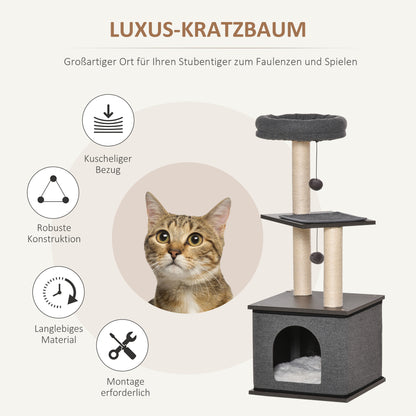 PawHut Katzenkratzbaum Katzenspielzeug Kletterbaum Spielmöglichkeiten Spielsisal Spielseil PB-Platte Sisal Dunkelgrau 40 x 40 x 104 cm