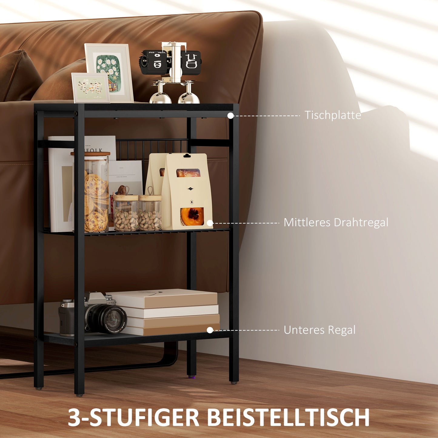 HOMCOM Beistelltisch, 3-stufiges Design, Regale in Holzoptik, Stahlrahmen, Schwarz