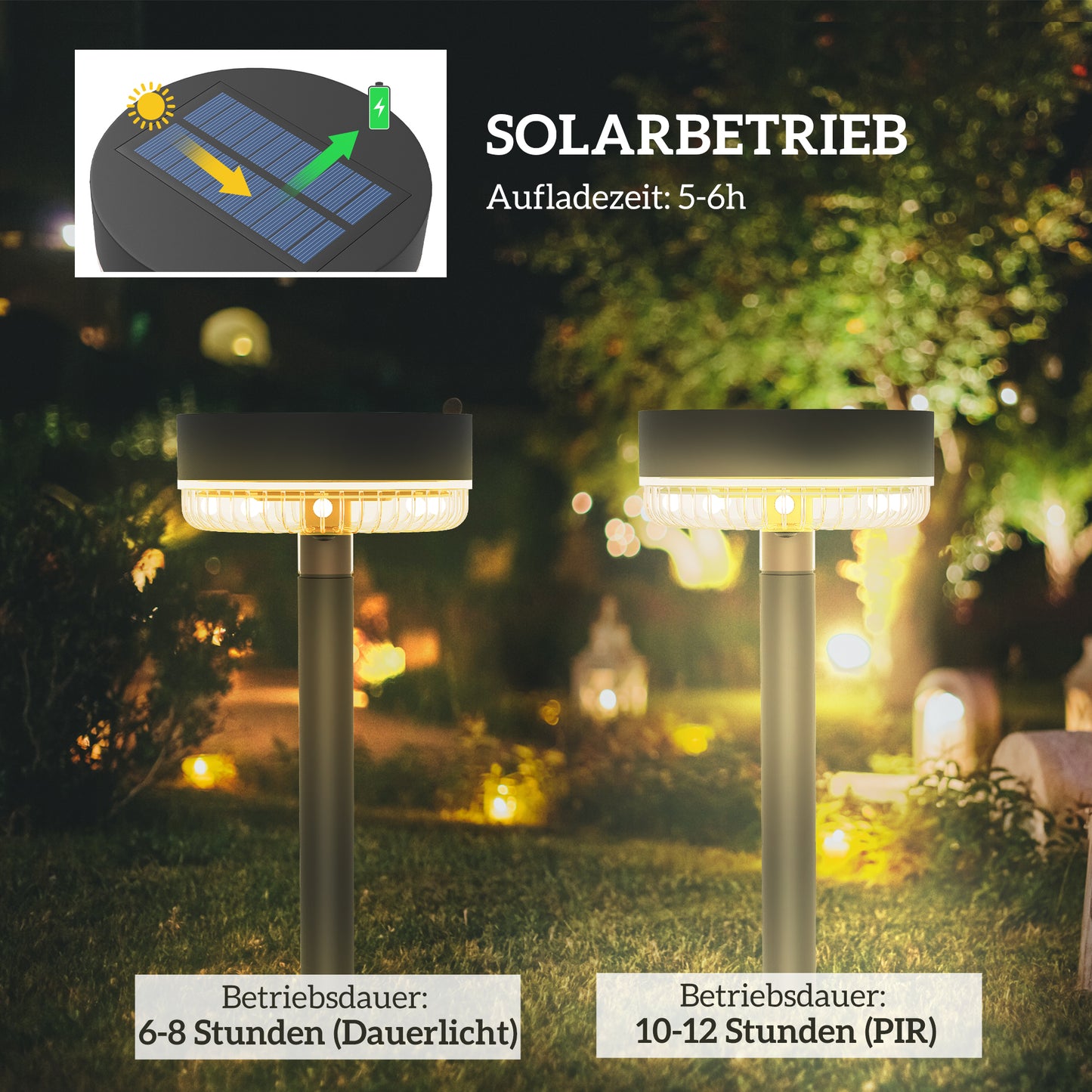 Outsunny Solar Gartenleuchten, wasserdicht, Warmweiß LED, 10-12h Betriebszeit, Schwarz