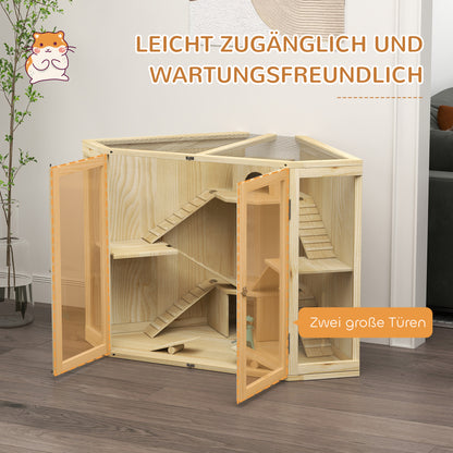 PawHut Hamsterkäfig, 4-Ebenen-Design, mit Fütterungsstation, Wippe, Rampe, Hütten, 115 x 69,5 x 79 cm, Holz