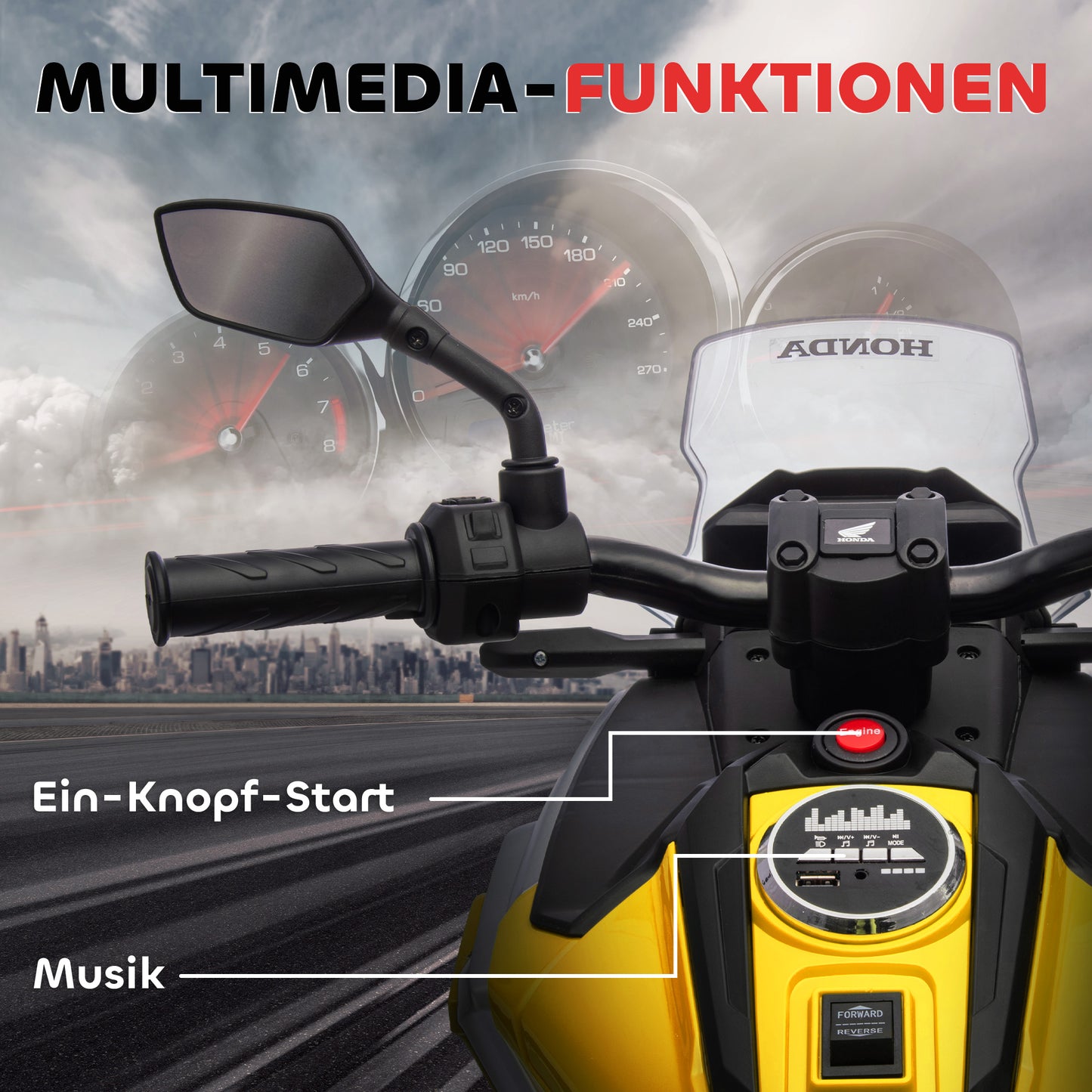 AIYAPLAY Elektro-Kindermotorrad, Honda, 3 km/h, Musik & Licht, 3-6 Jahre, bis 30 kg, Gelb