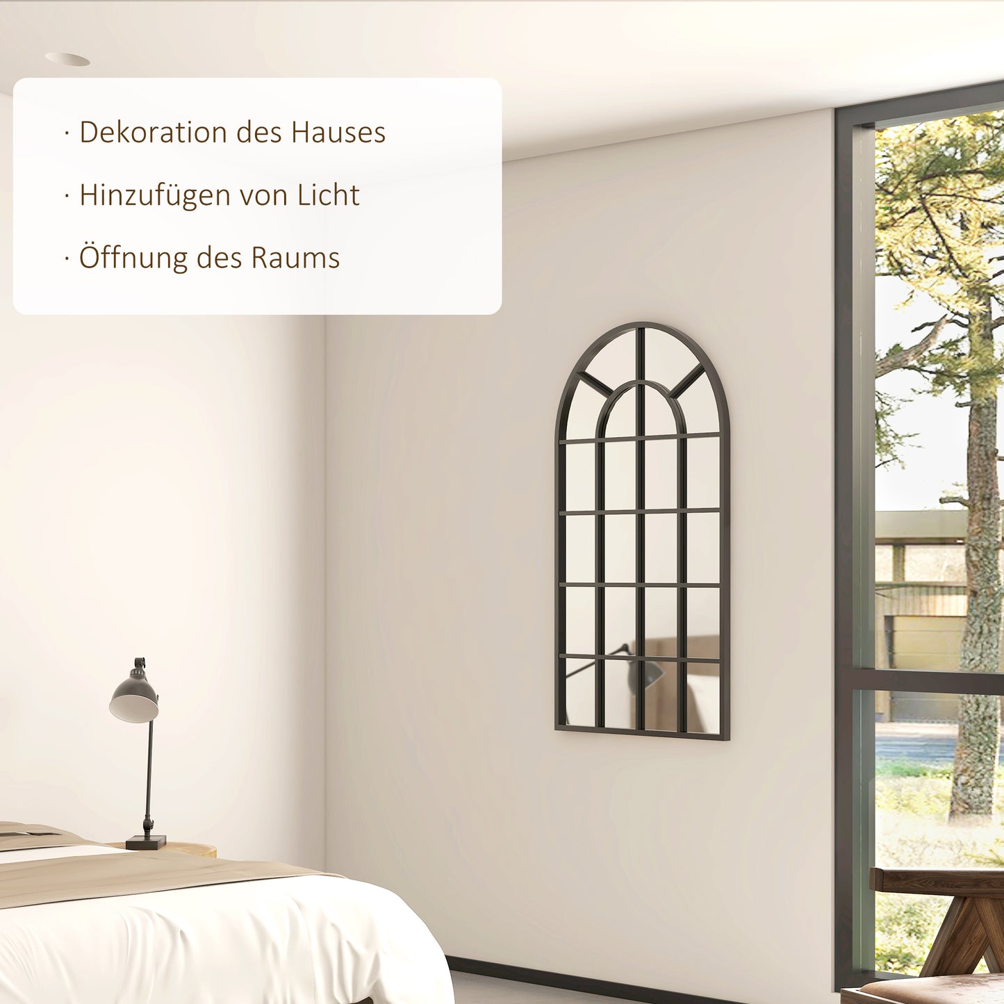 HOMCOM Dekospiegel großer Spiegel, Fensteroptik, Bogenförmig, inkl. Aufhängung. Schwarz + Spiegelglas