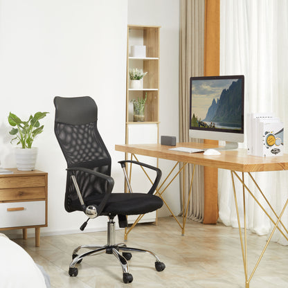 HOMCOM Ergonomischer Bürostuhl, Gaming Stuhl, Drehstuhl mit Wippenfunktion, höhenverstellbarer Schreibtischstuhl, Schaumstoff, Netz, Schwarz, 63 x 65 x 109-119 cm