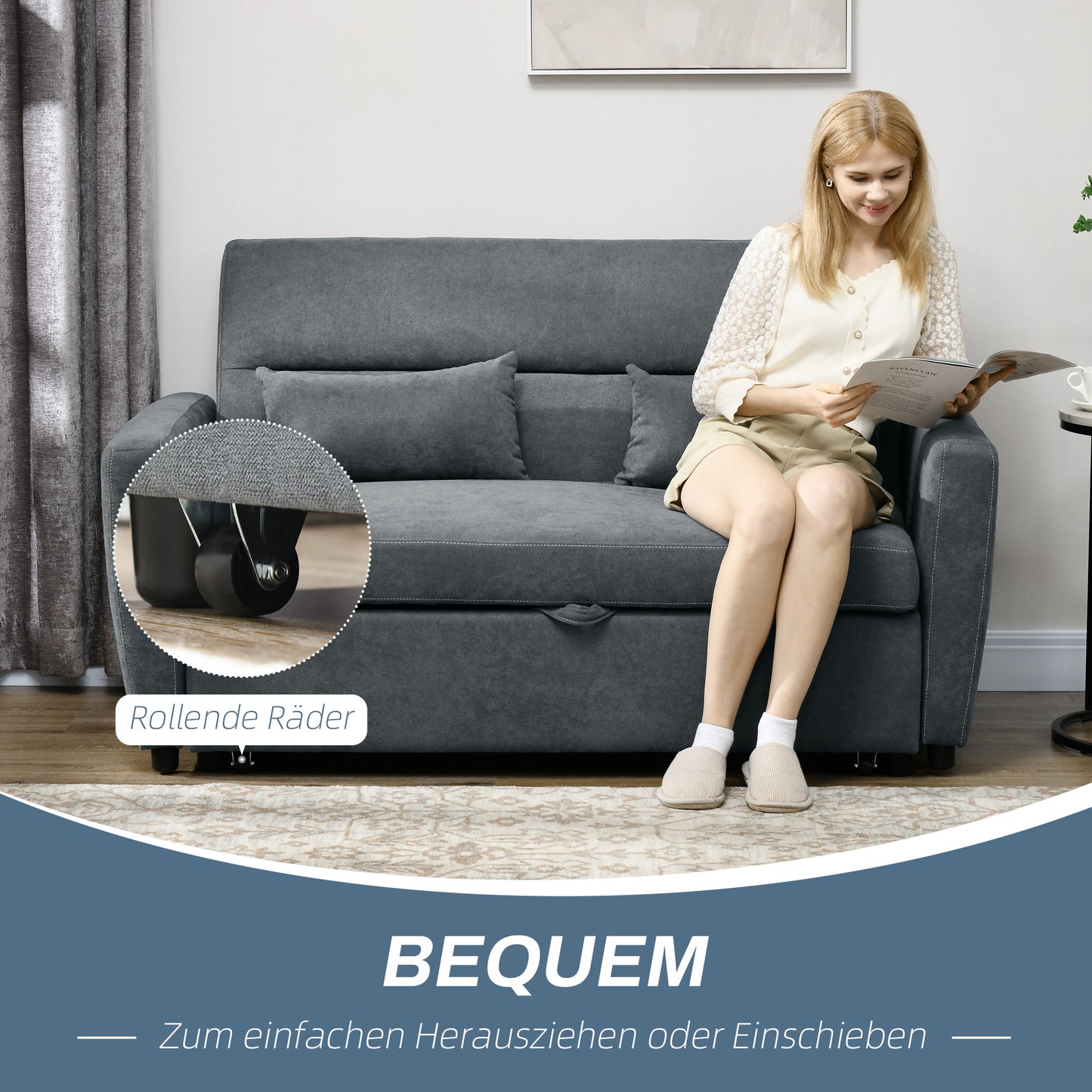 HOMCOM Schlafsofa, 2-Sitzer, ausklappbar, bis 200 kg, Holzrahmen, 155x90x88,5cm, Dunkelgrau