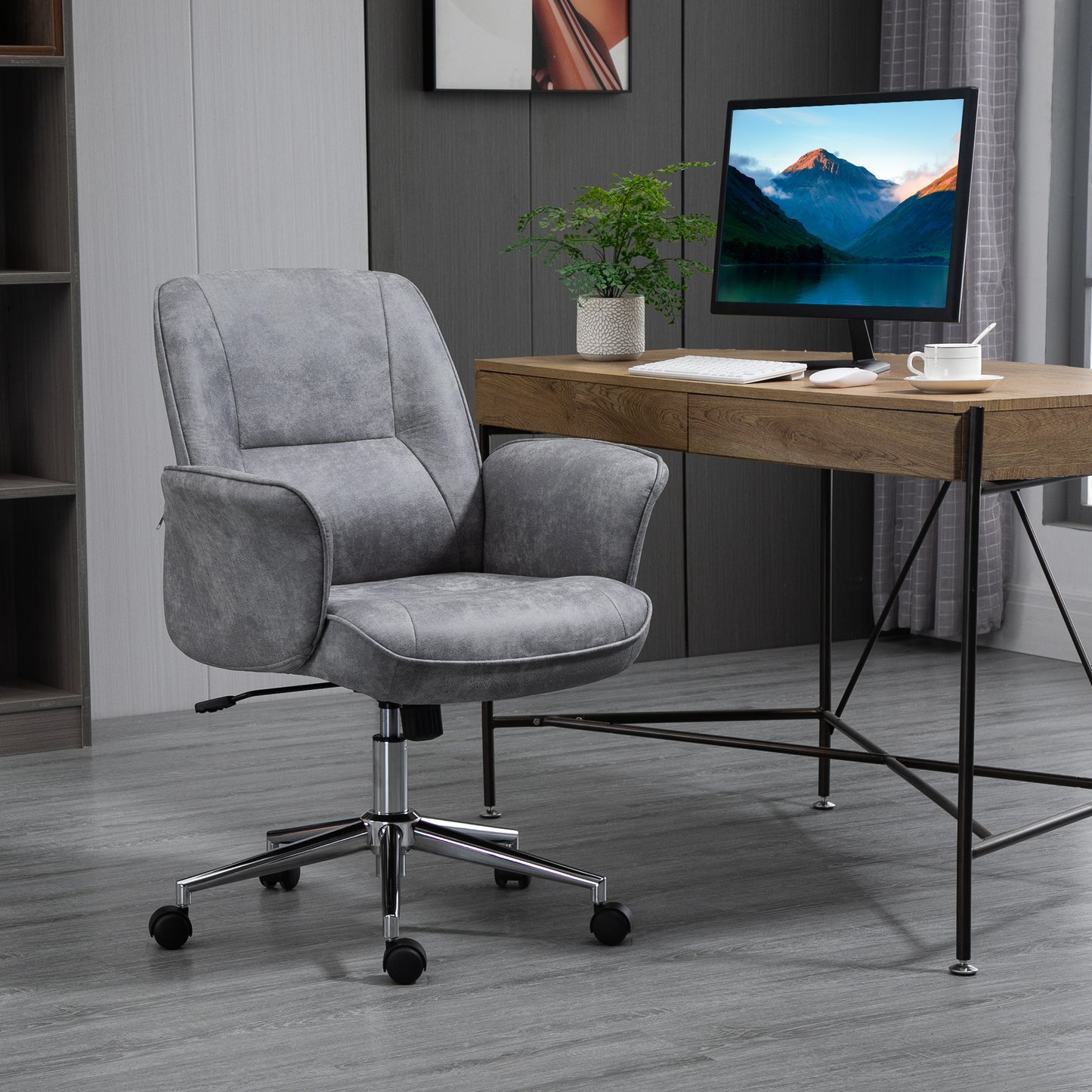 Vinsetto Bürostuhl mit Wippfunktion Schreibtischstuhl höhenverstellbarer Drehstuhl ergonomischer Arbeitsstuhl modern Belastbar bis 120 kg Mikrofaser Hellgrau 67 x 69 x 92-102 cm
