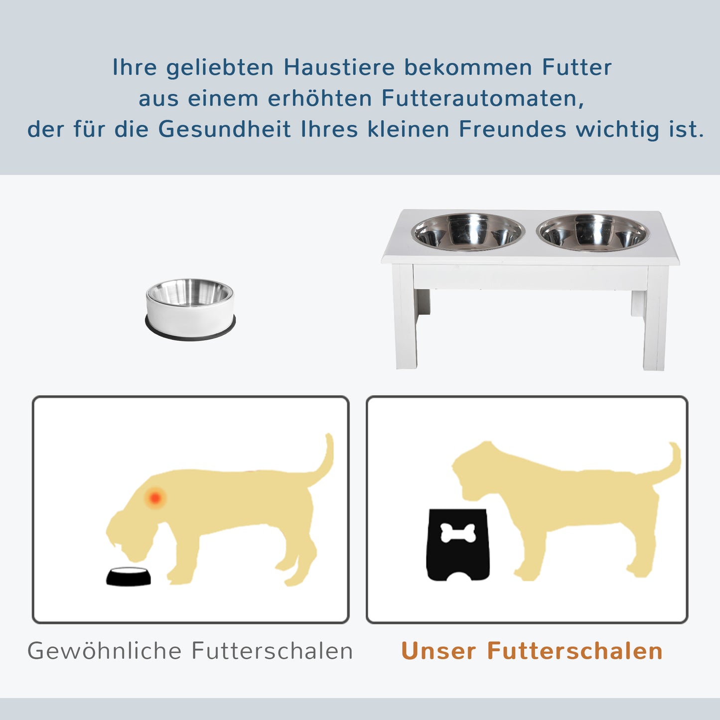 PawHut Hunde-Futterstation, rutschfest, 44 x 24 x 15 cm, Weiß, 0,9L pro Napf