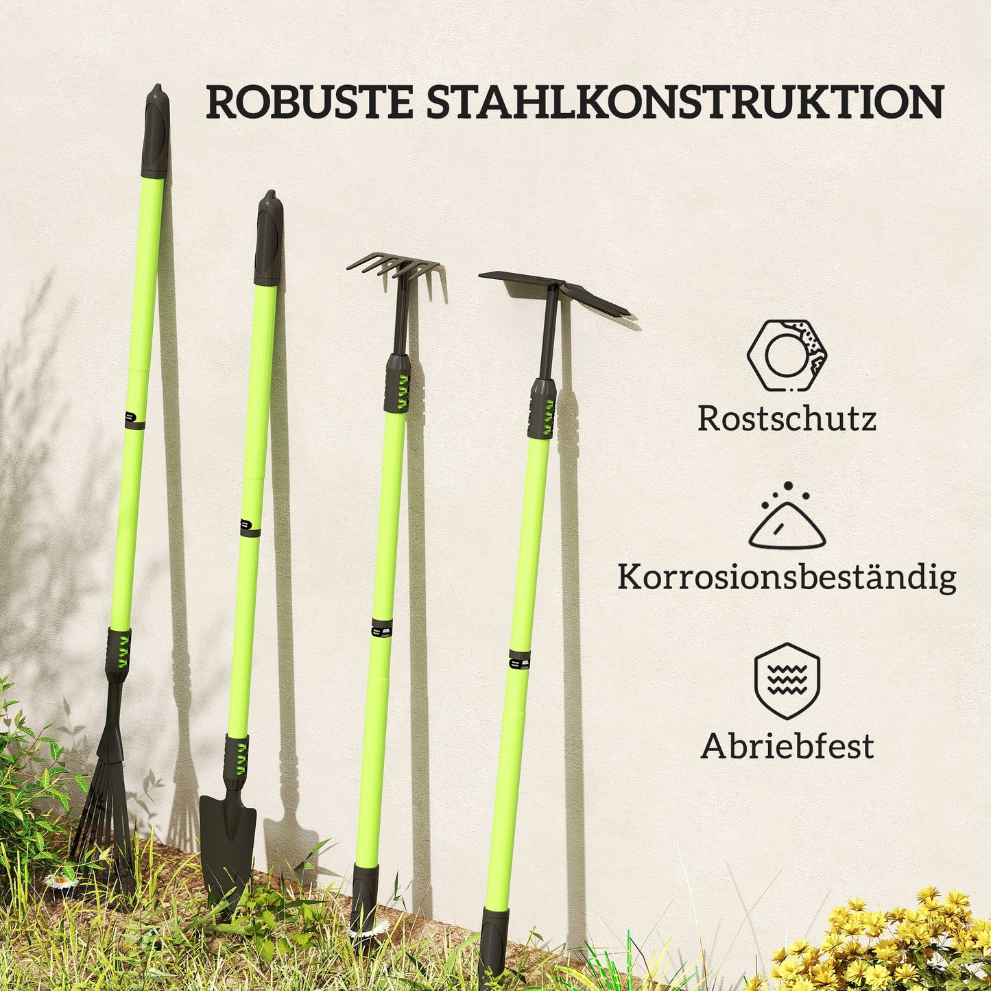 Outsunny Gartenwerkzeug-Set 4 Stück Gartengeräte-Set mit Schaufel Gartenhacke Gartenrechen Laubrechen Grün