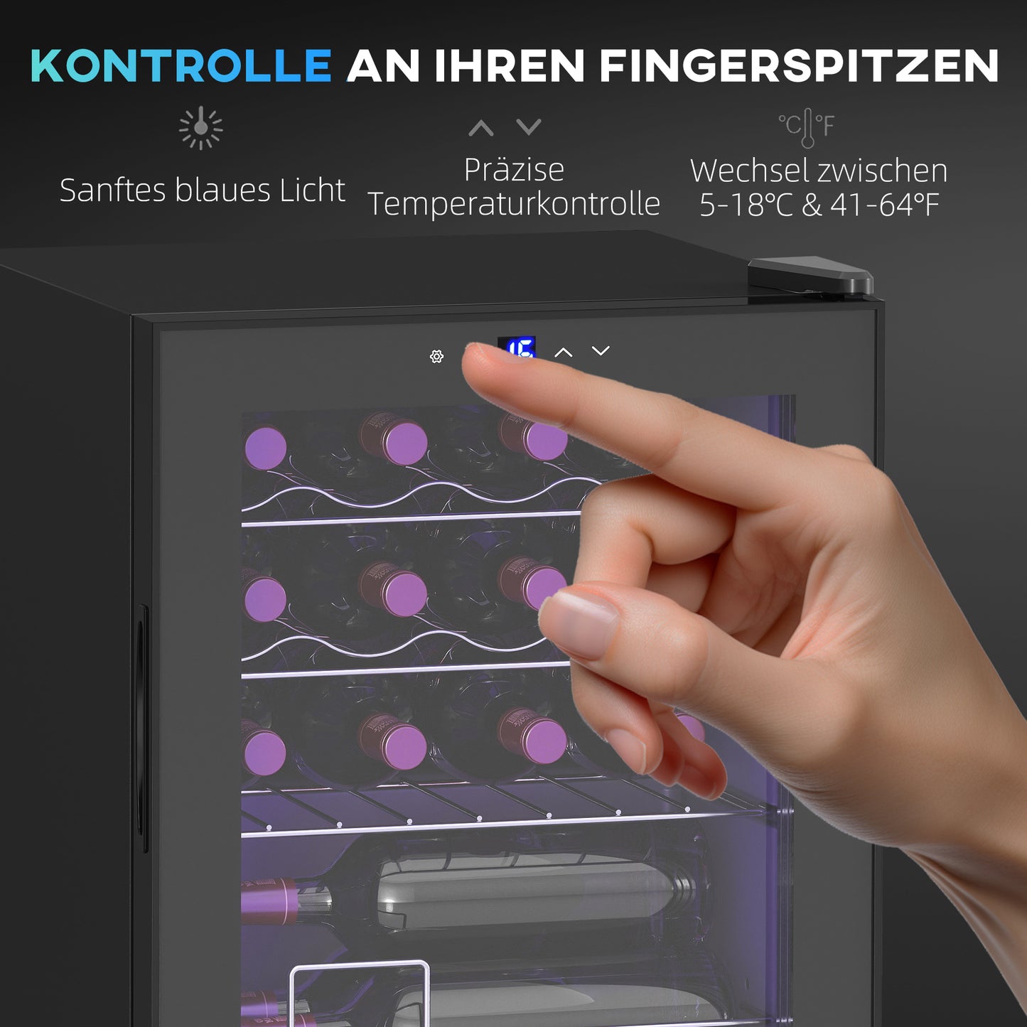 HOMCOM Freistehender Weinkühlschrank, 16 Flaschen, für Hausbar, Wohnzimmer, Küche Touchscreen, Glastür, LED-Beleuchtung