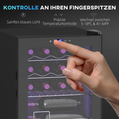 HOMCOM Freistehender Weinkühlschrank, 16 Flaschen, für Hausbar, Wohnzimmer, Küche Touchscreen, Glastür, LED-Beleuchtung