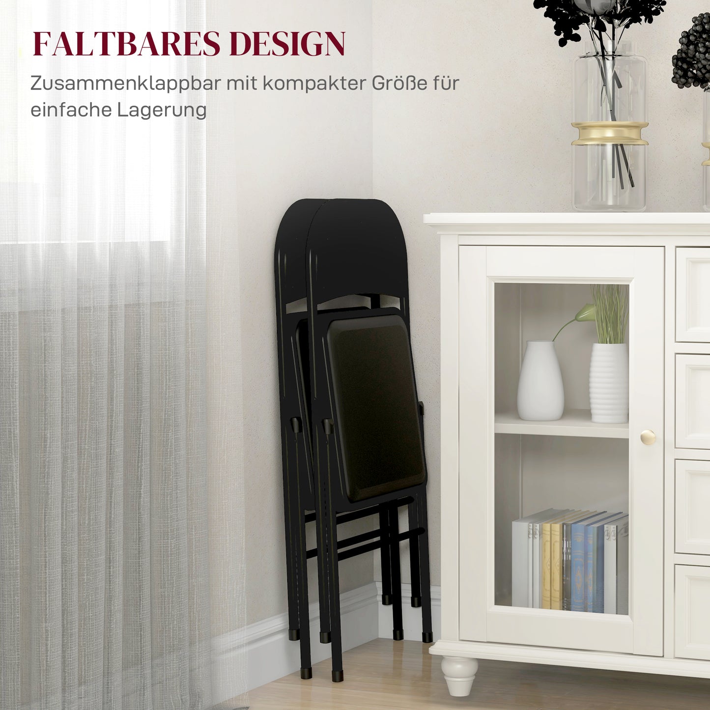 HOMCOM 2er-Set Klappstühle, Tragbare Bürostühle, Metallbeine, Faltstuhl für Büro, Empfang, Wartezimmer, Kunstleder, Schwarz