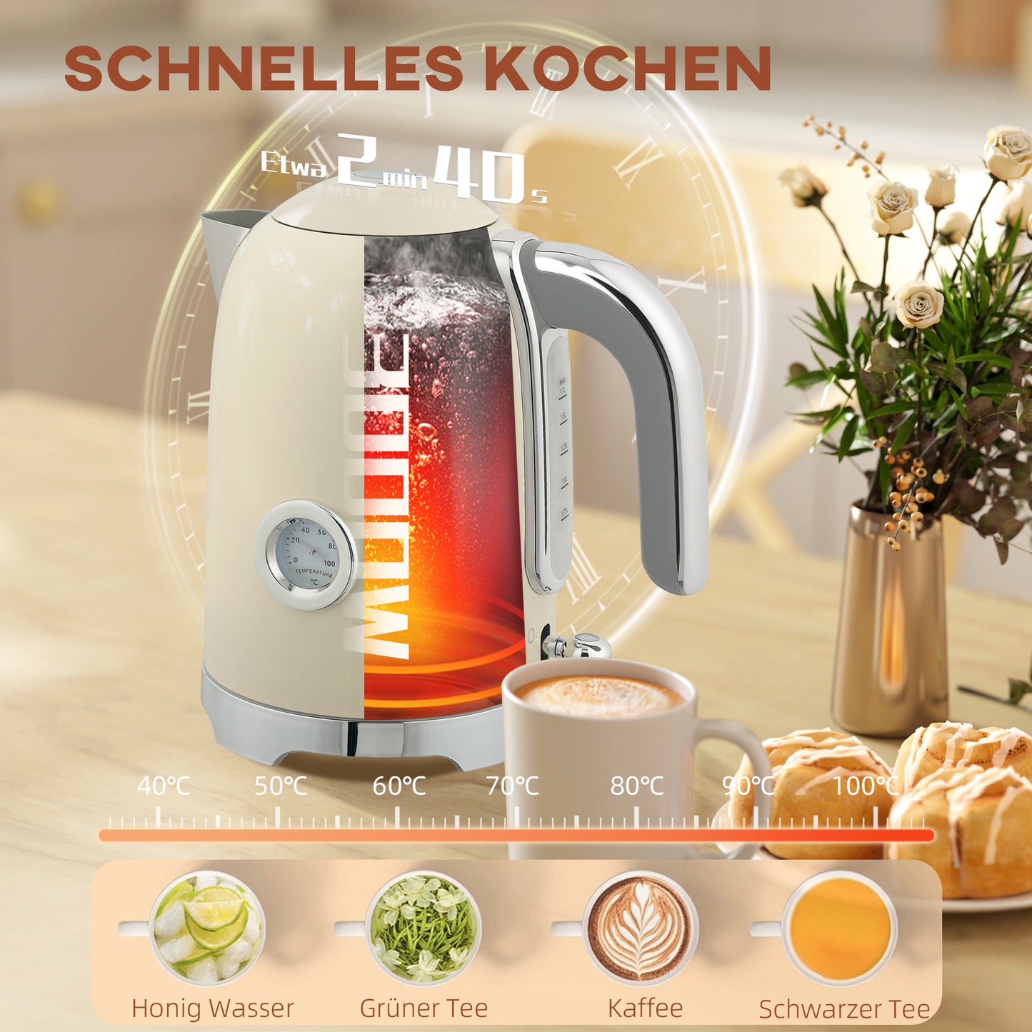 HOMCOM Wasserkocher- und Toaster-Set, 2200W, 7 Bräunungsstufen, versch. Funktionen, Creme