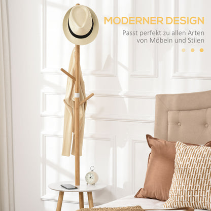 HOMCOM Garderobenständer mit Beistelltisch im Skandi-Design, 5 Kleiderhaken, 39, 5 cm x 39,5 cm x 171 cm, Natur + Weiß