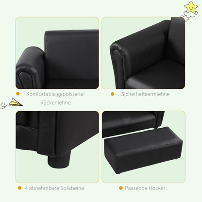HOMCOM Kindersessel mit Fußhocker, Kindercouch mit Hocker, Kindersofa, Sofa Sessel, Schwarz, 83 x 42 x 41 cm