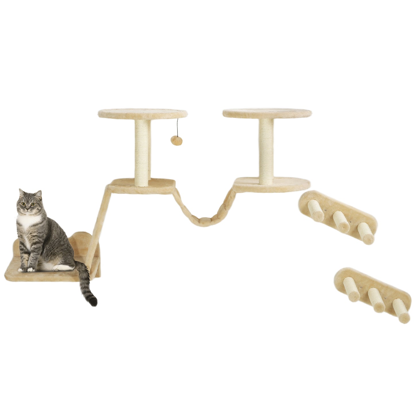 PawHut Katzentreppen-Set, Wand- och Deckenmontage, för Katzen till 5 kg, Beige