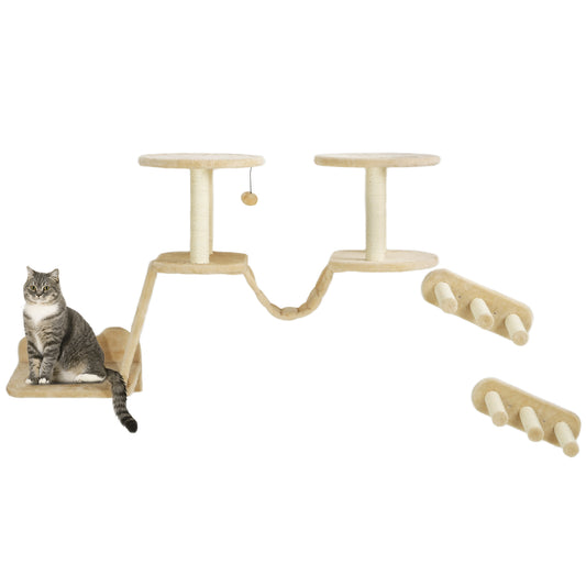 PawHut Katzentreppen-Set, Wand- och Deckenmontage, för Katzen till 5 kg, Beige