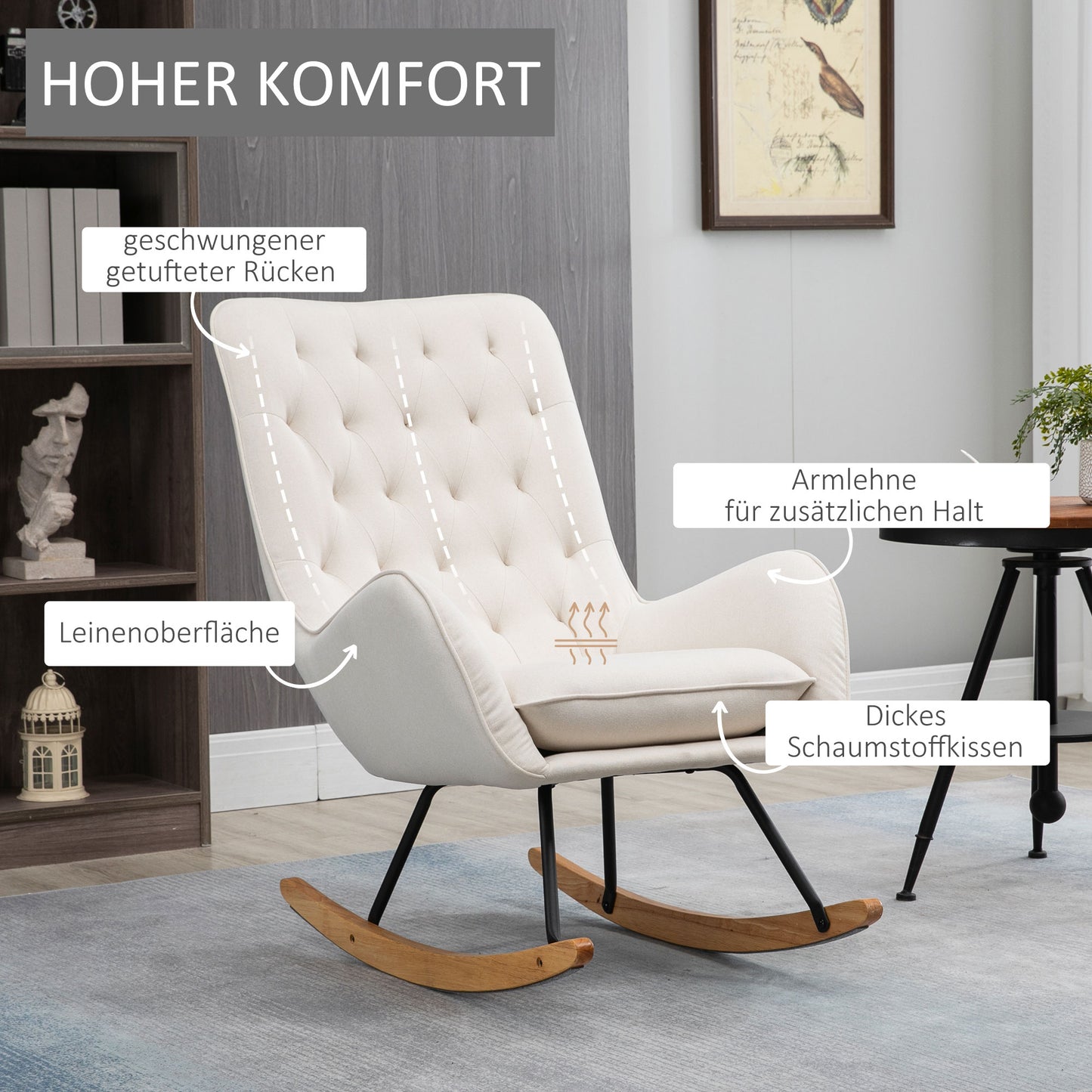 HOMCOM Schaukelstuhl im Skandi-Design Relaxsessel, Knopfheftung, 69 cm x 90 cm x 100 cm, Creme + Natur + Schwarz