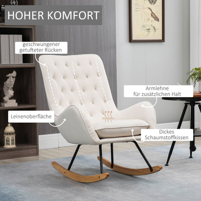 HOMCOM Schaukelstuhl im Skandi-Design Relaxsessel, Knopfheftung, 69 cm x 90 cm x 100 cm, Creme + Natur + Schwarz
