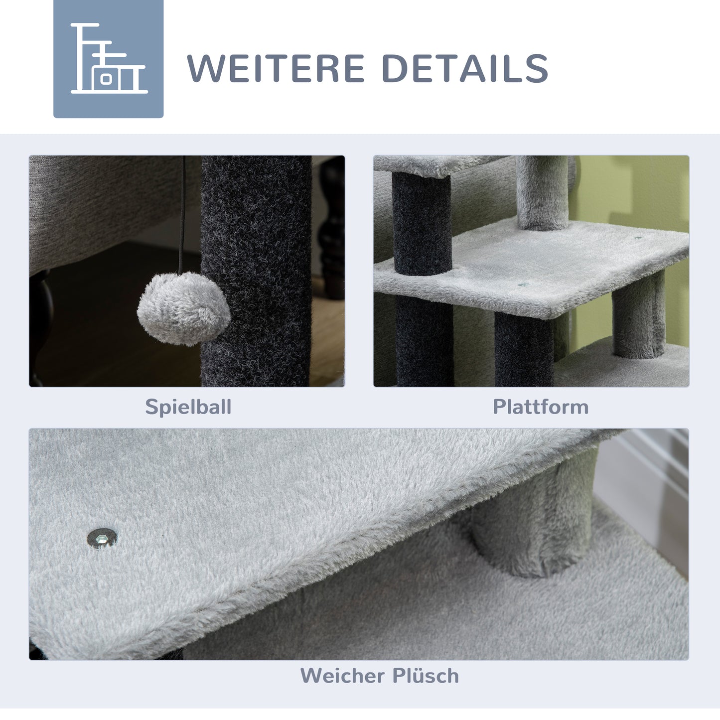 PawHut Kratzbaum, Tiertreppe, 4 Stufen, Spielball, Häuschen, höhenverstellbar, schwarz+grau, 60 x 40 x 66 cm