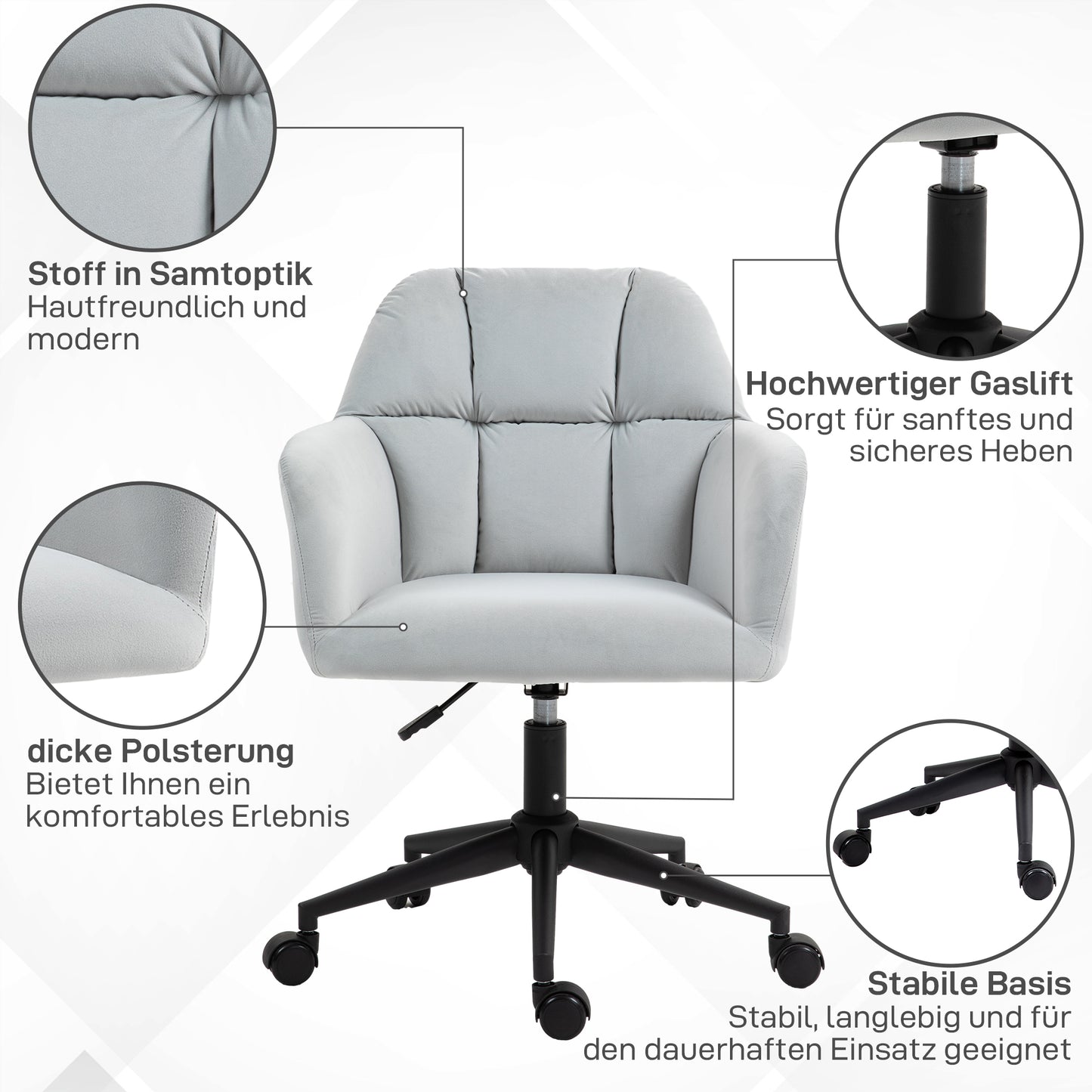 Vinsetto Bürostuhl, ergonomisk, höhenverstellbar, drehbar, Samtoptik, bis 120 kg, Hellgrau