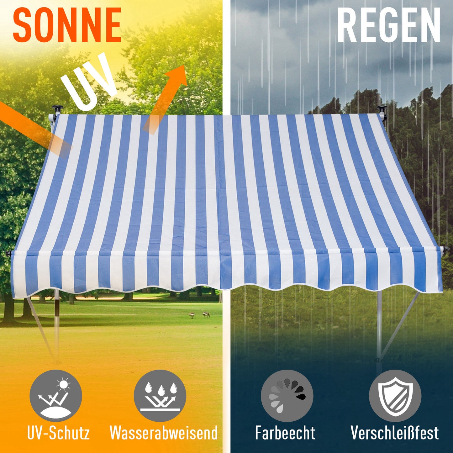 Outsunny Klemmmarkise mit Handkurbel höhenverstellbar Gelenkarmmarkise schmutzabweisend, witterungsbeständig Balkonmarkise 150cm breit Terrassenmarkise für Terrasse Balkon Veranda Blau+Weiß