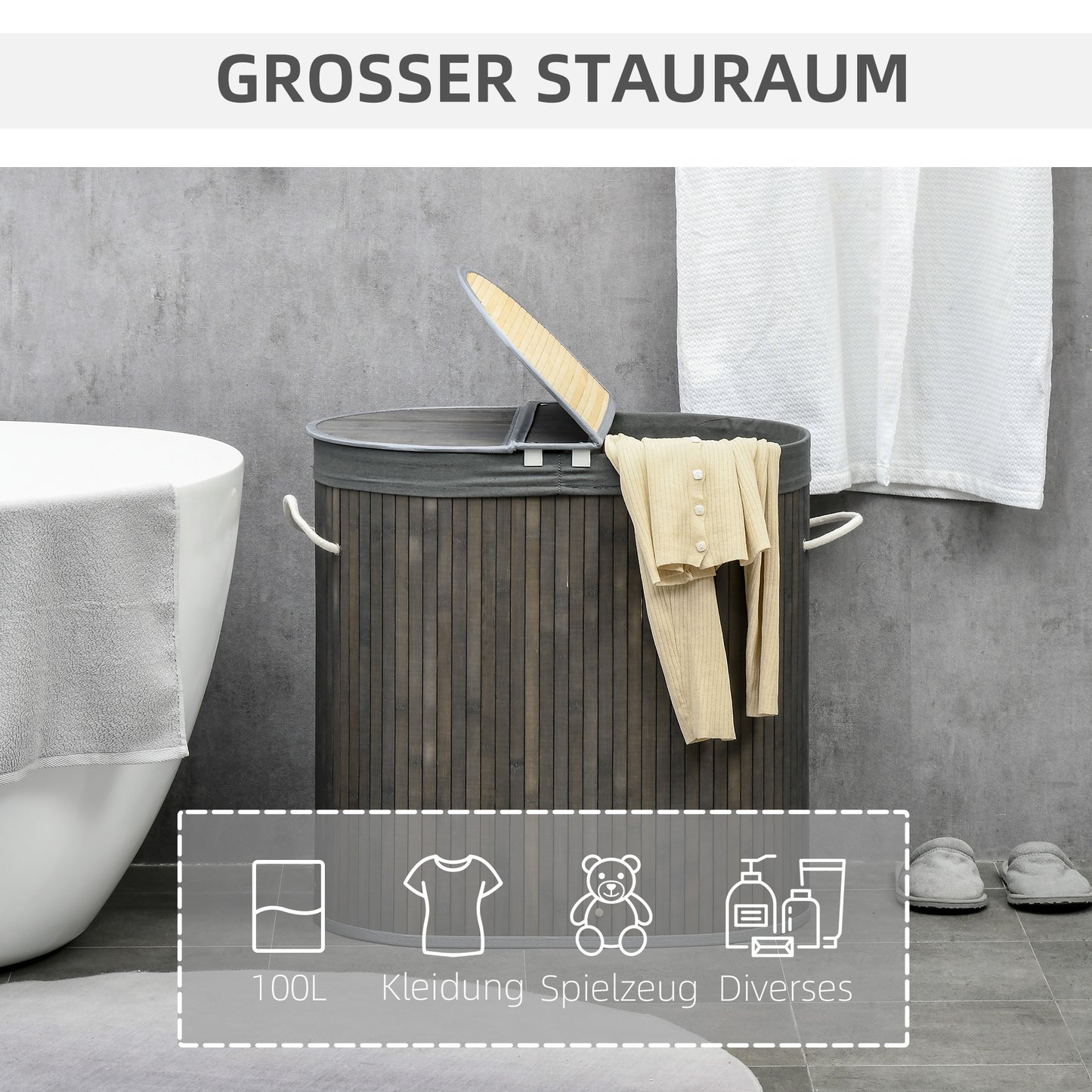 HOMCOM 100 L Wäschekorb mit Deckel, Griff, 2 Abschnitte, herausnehmbarer Wäschesack, für Schlafzimmer, Badezimmer, Bambus, Grau