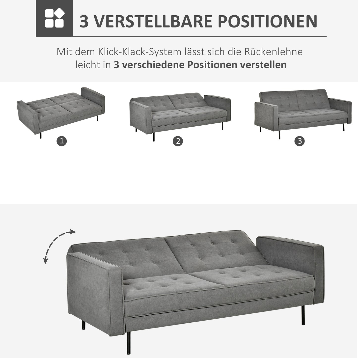 HOMCOM Schlafsofa 3-Sitzer Schlafcouch Stoffsofa Sofa mit Schlaffunktion Bettsofa mit verstellbarem Winkel Vintage Eukalyptusholz Baumwolle Grau