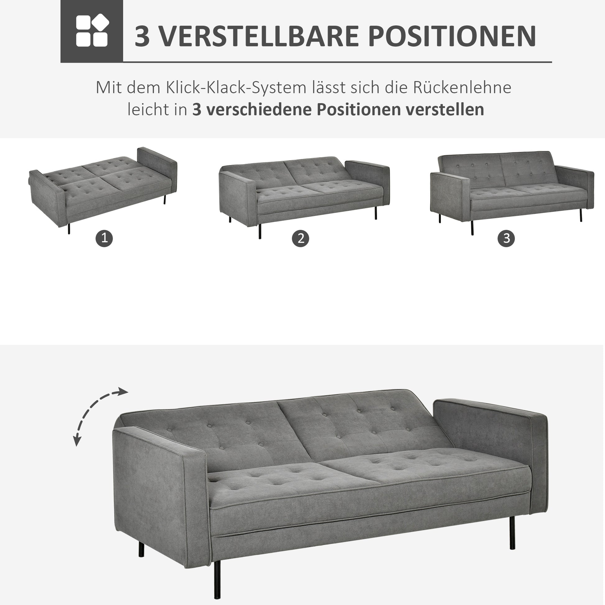 HOMCOM Schlafsofa 3-Sitzer Schlafcouch Stoffsofa Sofa mit Schlaffunktion Bettsofa mit verstellbarem Winkel Vintage Eukalyptusholz Baumwolle Grau